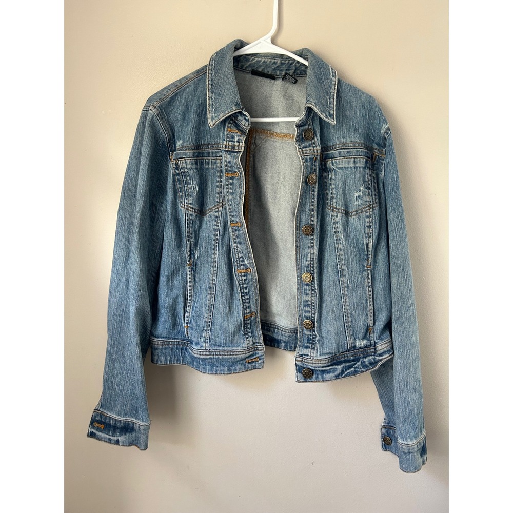 90s NEW YORK & COMPANY Women's Medium Wash Denim Jacket Distressed‎ Size L